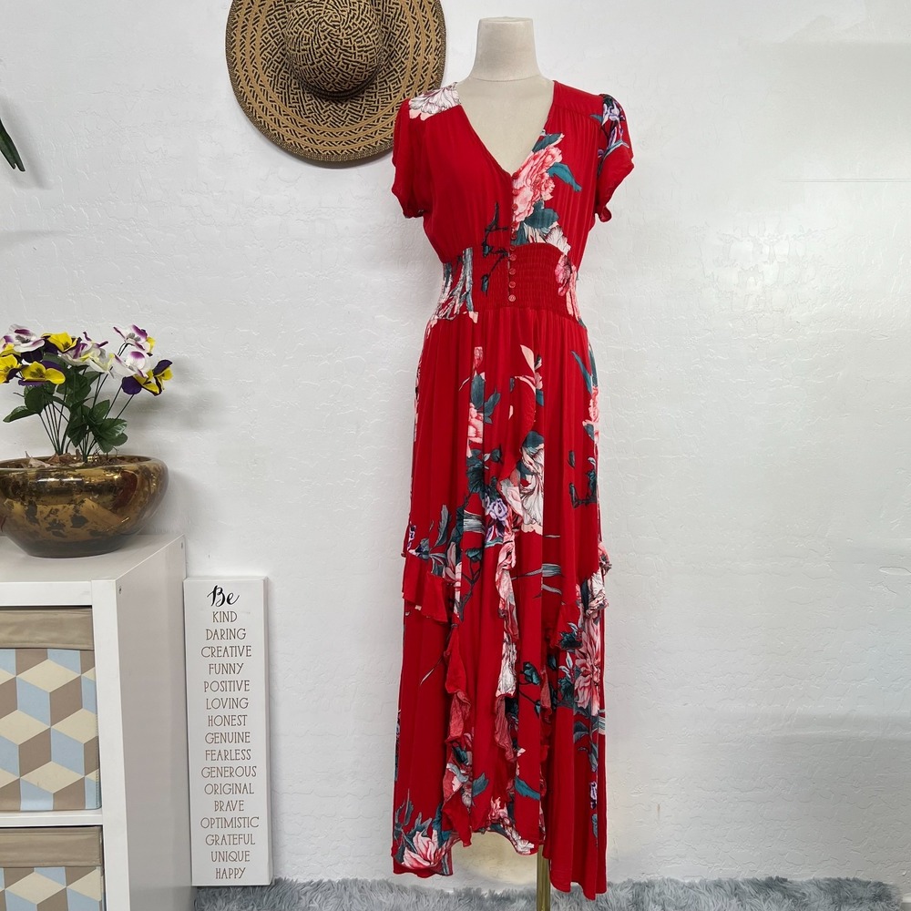 Jaase Maxi red garden floral sun dress sz S cottage core button cinch waist boho
